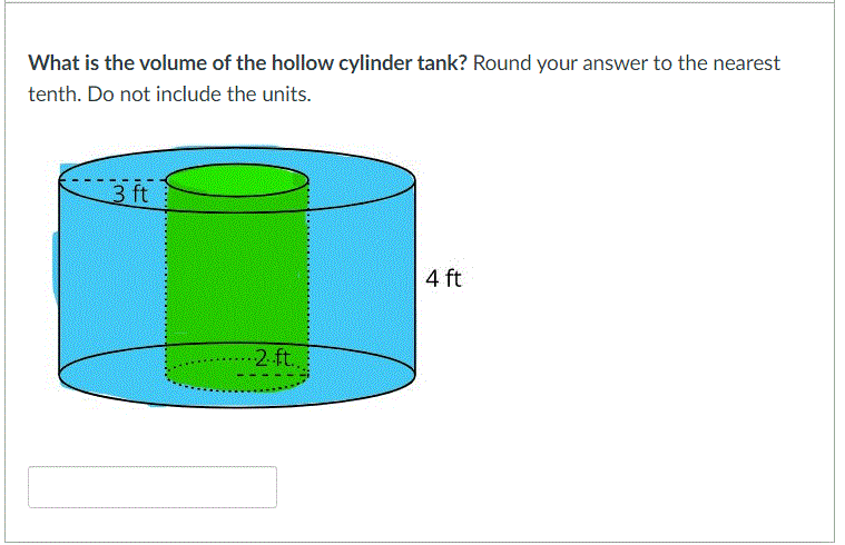 What is the volume of the hollow cylinder tank? Round your answer to the nearest
tenth. Do not include the units.
3 ft
4 ft
-2 ft..
