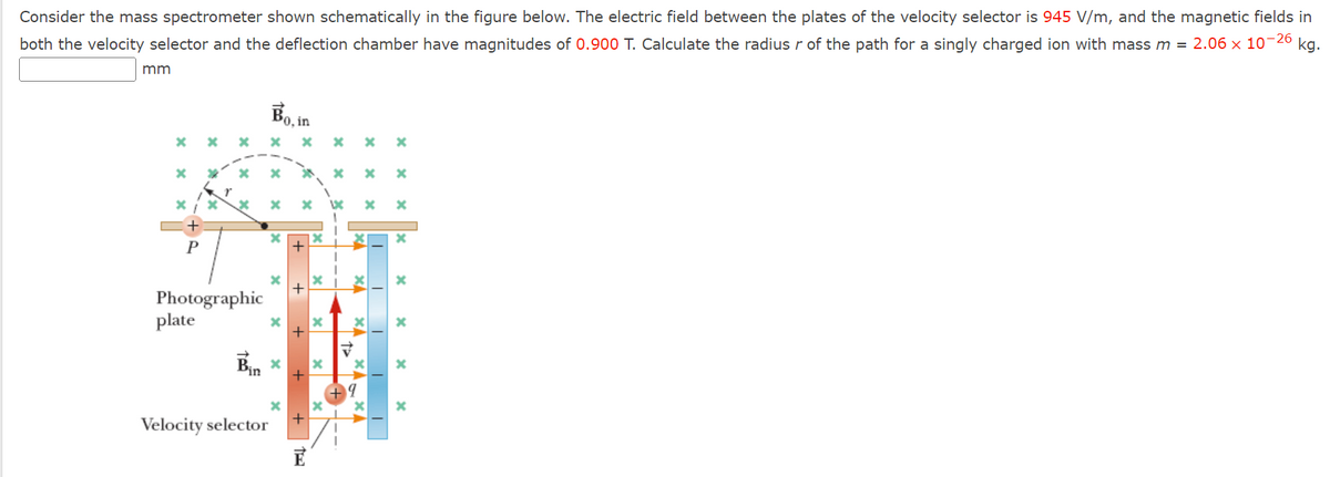 kg.
Consider the mass spectrometer shown schematically in the figure below. The electric field between the plates of the velocity selector is 945 V/m, and the magnetic fields in
both the velocity selector and the deflection chamber have magnitudes of 0.900 T. Calculate the radius r of the path for a singly charged ion with mass m = 2.06 x 10-26
mm
X
x
P
x
r
Bo, in
X x X X X X
Photographic
plate
Bin
Velocity selector
x
x
x
x
+
+
1₂
E
x
x
x
x
X---
---
V
X
X
x
||
9
XA
I
x
I
x
X
X
x
x
x
X
X