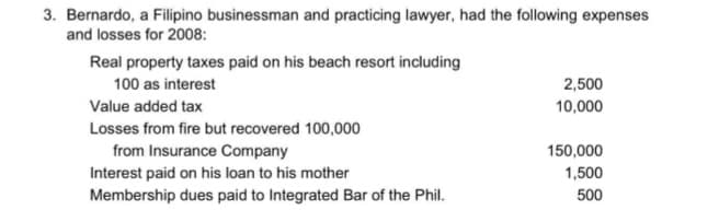 3. Bernardo, a Filipino businessman and practicing lawyer, had the following expenses
and losses for 2008:
Real property taxes paid on his beach resort including
100 as interest
Value added tax
Losses from fire but recovered 100,000
from Insurance Company
Interest paid on his loan to his mother
Membership dues paid to Integrated Bar of the Phil.
2,500
10,000
150,000
1,500
500