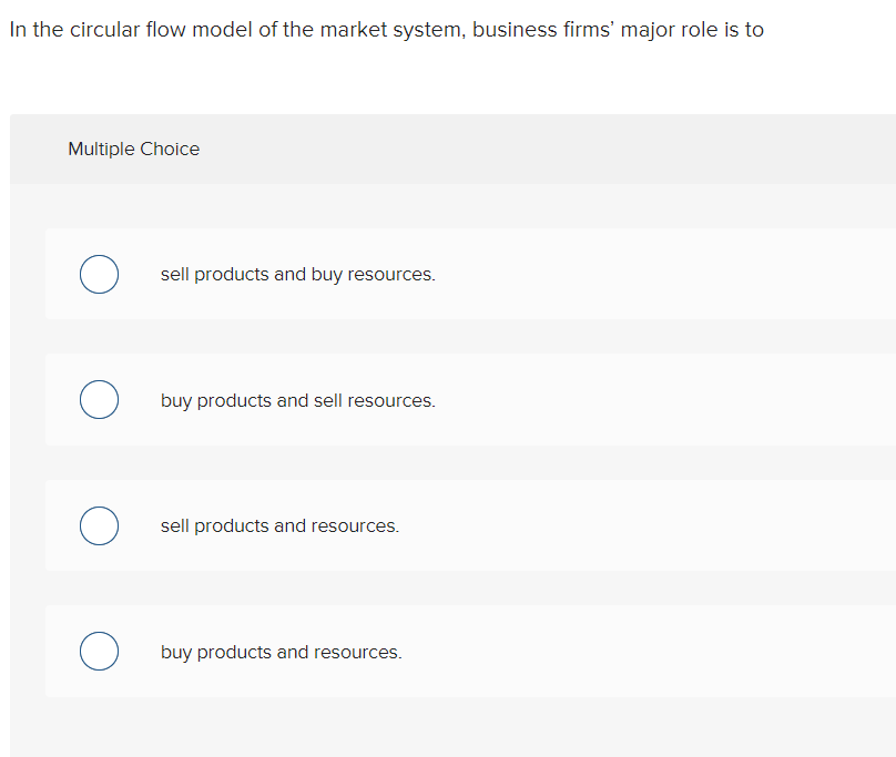 In the circular flow model of the market system, business firms' major role is to
Multiple Choice
sell products and buy resources.
buy products and sell resources.
sell products and resources.
buy products and resources.
