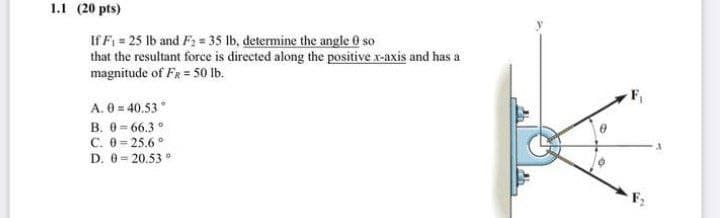 1.1 (20 pts)
If F = 25 Ib and F2 = 35 lb, determine the angle 0 so
that the resultant force is directed along the positive x-axis and has a
magnitude of FR = 50 lb.
A. 0 = 40.53
B. 0-66.3°
C. 0 = 25.6°
D. 0 = 20.53°
