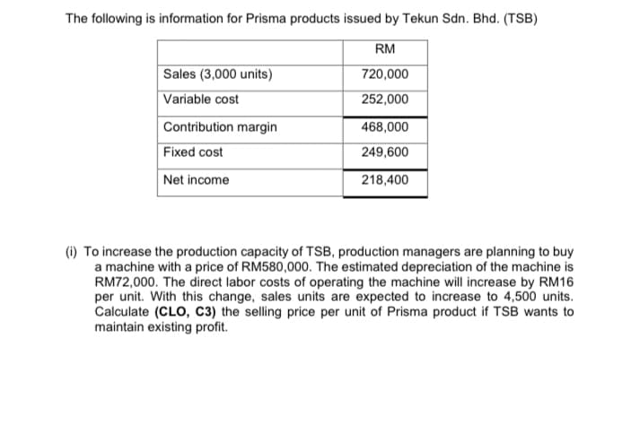 The following is information for Prisma products issued by Tekun Sdn. Bhd. (TSB)
RM
Sales (3,000 units)
720,000
Variable cost
252,000
Contribution margin
468,000
Fixed cost
249,600
Net income
218,400
(i) To increase the production capacity of TSB, production managers are planning to buy
a machine with a price of RM580,000. The estimated depreciation of the machine is
RM72,000. The direct labor costs of operating the machine will increase by RM16
per unit. With this change, sales units are expected to increase to 4,500 units.
Calculate (CLO, C3) the selling price per unit of Prisma product if TSB wants to
maintain existing profit.
