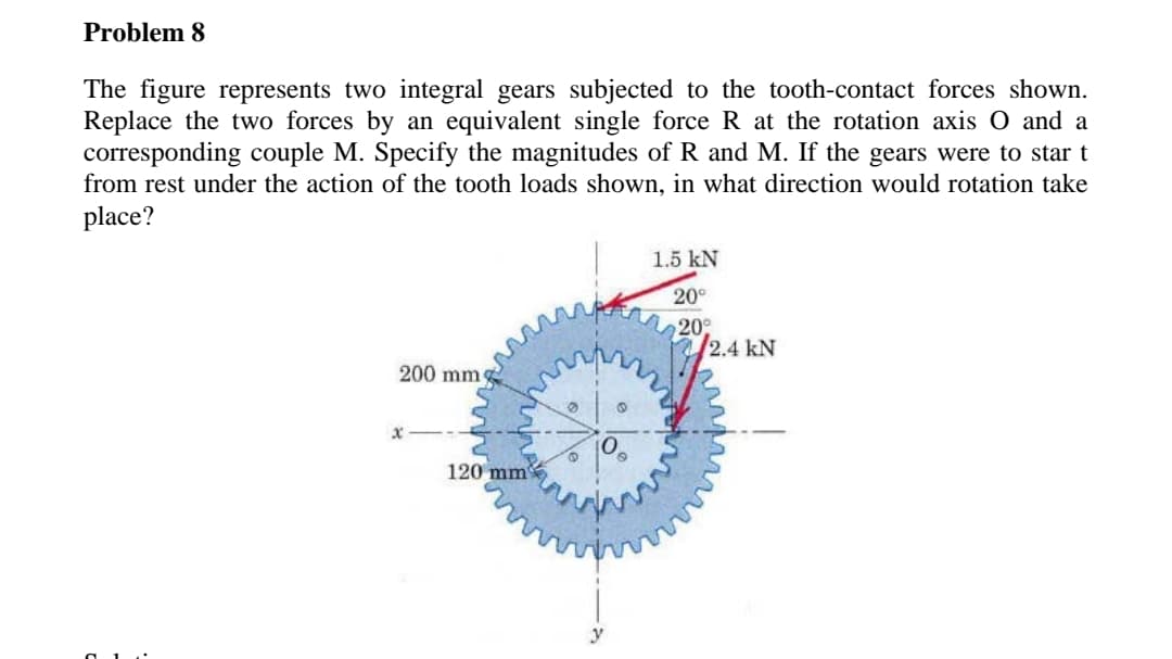 Problem 8
The figure represents two integral gears subjected to the tooth-contact forces shown.
Replace the two forces by an equivalent single force R at the rotation axis O and a
corresponding couple M. Specify the magnitudes of R and M. If the gears were to star t
from rest under the action of the tooth loads shown, in what direction would rotation take
place?
1.5 kN
20°
20°
2.4 kN
200 mmg
120 mm
y
