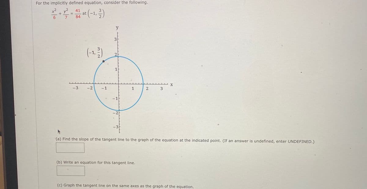 For the implicitly defined equation, consider the following.
x2
+
y2
41
at (-1,
84
6.
7
3
(-1.)
2
-3
-2
-1
1
-1
-2
-3
(a) Find the slope of the tangent line to the graph of the equation at the indicated point. (If an answer is undefined, enter UNDEFINED.)
(b) Write an equation for this tangent line.
(c) Graph the tangent line on the same axes as the graph of the equation.
3.
2.
AV
