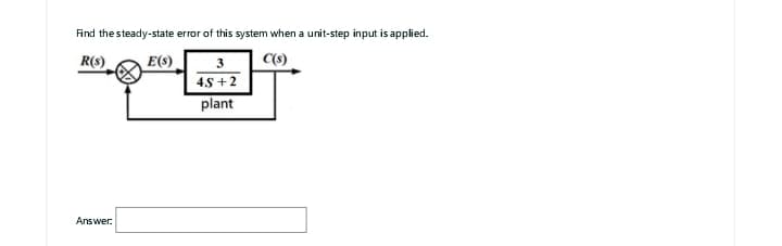 Find the steady-state error of this system when a unit-step input is applied.
R(s)
E(S)
C(s)
Answer:
3
4.S+2
plant