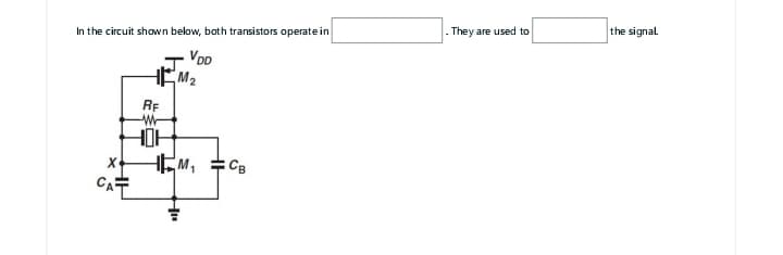 In the circuit shown below, both transistors operate in
VDD
CA
RF
W
HOH
M₂
HEM₁
CB
. They are used to
the signal