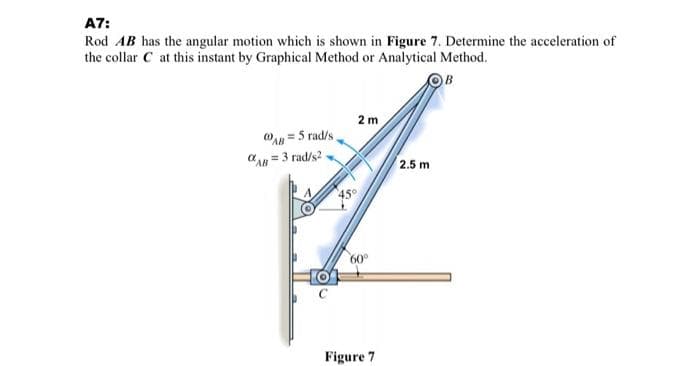 A7:
Rod AB has the angular motion which is shown in Figure 7. Determine the acceleration of
the collar C at this instant by Graphical Method or Analytical Method.
B
2 m
AB=5 rad/s,
AB=3 rad/s2
60⁰
Figure 7
2.5 m