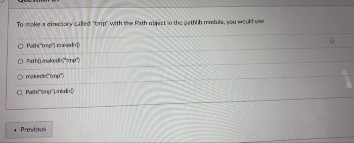 To make a directory called "tmp" with the Path object in the pathlib module, you would use
O Path("tmp").makedir)
O Path).makedir("tmp")
makedir("tmp")
O Path("tmp").mkdir)
• Previous
