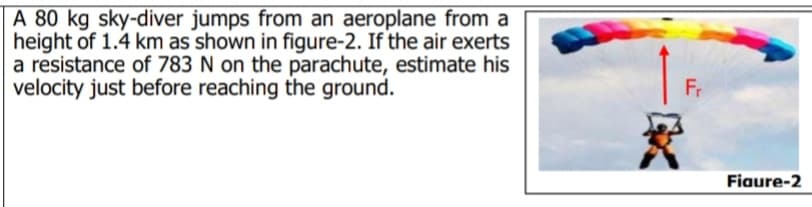 A 80 kg sky-diver jumps from an aeroplane from a
height of 1.4 km as shown in figure-2. If the air exerts
a resistance of 783 N on the parachute, estimate his
velocity just before reaching the ground.
Fr
Fiaure-2
