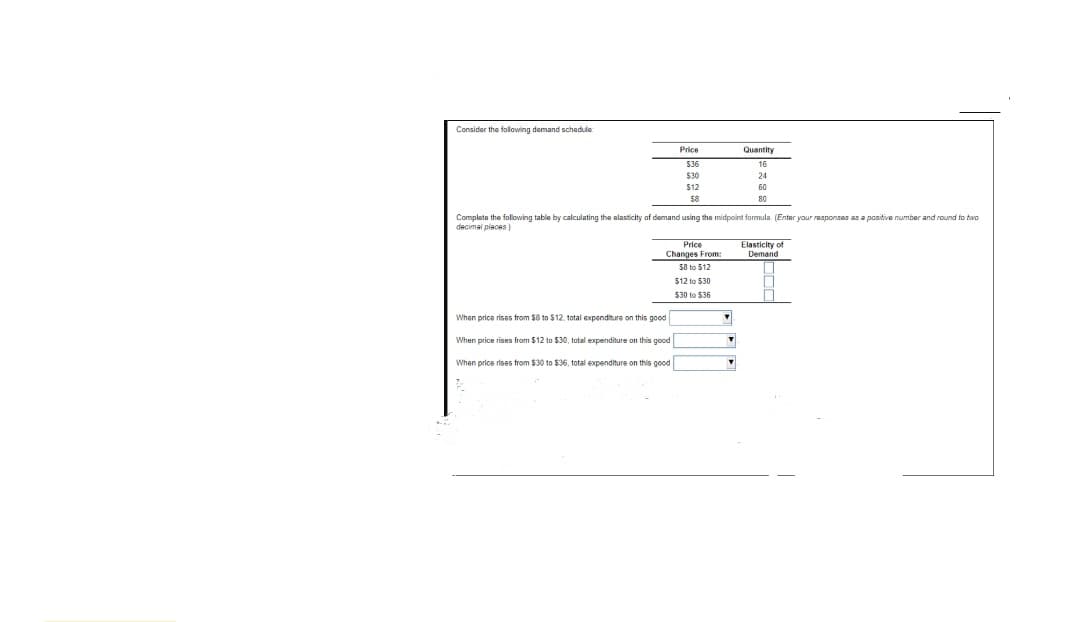 Consider the following demand schedule
Price
Quantity
536
16
$30
24
$12
60
58
80
Complete the following table by calculating the alasticity of demand using the midpoint farmula. (Enter your responses as a positive number and round to two
decimal piaces)
Price
Changes From:
S8 to $12
Elasticity of
Demand
$12 to 530
530 to $36
When price rieses from $8 to $12. total expenditure on this good
When price rises from $12 to $30, total expenditure on this good
When price rises from $30 to $36, total expenditure on this good
