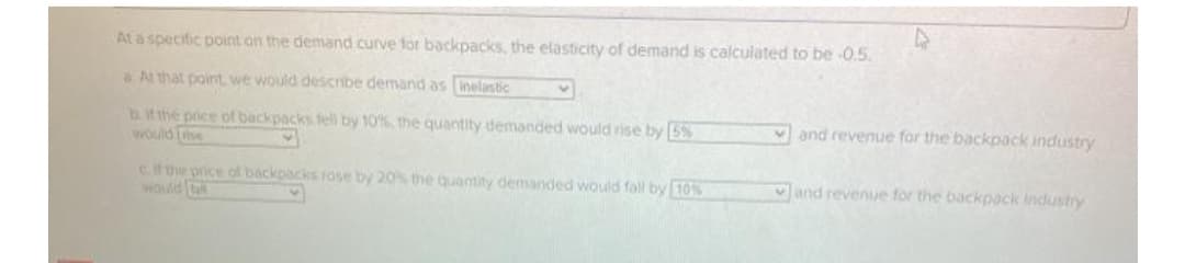 At a specific point on the demand curve for backpacks, the elasticity of demand is calculated to be 0.5.
a. At that point we would describe demand as inelastic
b it the price of backpacks fel by 10%, the quantity demanded would rise by 5%
would e
v and revenue for the backpack industry
cif the price of backpacks rose by 20% the quantity demanded would fall by 10%
would t
vand revenue for the backpack industry
