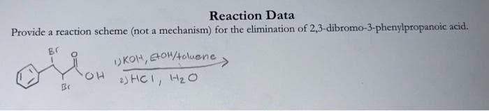 Reaction Data
Provide a reaction scheme (not a mechanism) for the elimination of 2,3-dibromo-3-phenylpropanoic acid.
Br
Я он
Br
I)KOH, EtOH/toluene >
2) HC1, H₂O