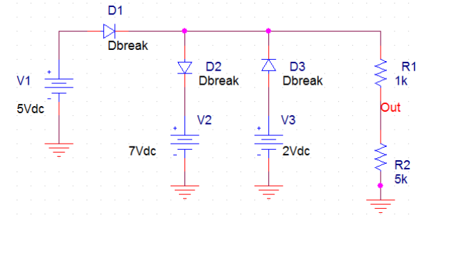 D1
Dbreak
D2
D3
Dbreak
R1
1k
Dbreak
V1
Out
5Vdc
V2
V3
7Vdc
2Vdc
R2
5k
