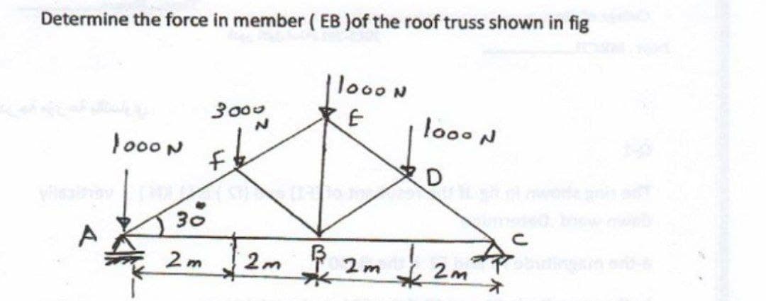 Determine the force in member ( EB Jof the roof truss shown in fig
loo0 N
3000
looo N
lo00 N
f.
D
30
2 m
tingmer
2m
2m
