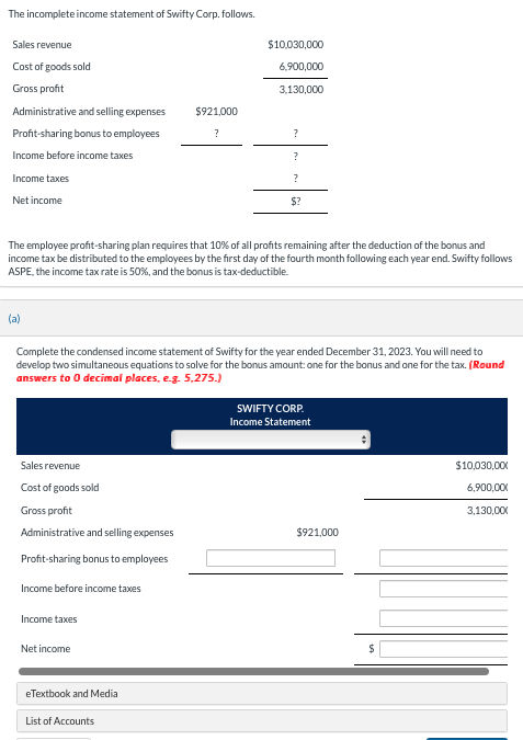 The incomplete income statement of Swifty Corp. follows.
Sales revenue
Cost of goods sold
Gross profit
Administrative and selling expenses
Profit-sharing bonus to employees
Income before income taxes
Income taxes
Net income
(a)
The employee profit-sharing plan requires that 10% of all profits remaining after the deduction of the bonus and
income tax be distributed to the employees by the first day of the fourth month following each year end. Swifty follows
ASPE, the income tax rate is 50%, and the bonus is tax-deductible.
Sales revenue
Cost of goods sold
Gross profit
Administrative and selling expenses
Profit-sharing bonus to employees
Income before income taxes
Income taxes
Complete the condensed income statement of Swifty for the year ended December 31, 2023. You will need to
develop two simultaneous equations to solve for the bonus amount: one for the bonus and one for the tax. (Round
answers to 0 decimal places, e.g. 5,275.)
Net income
$921,000
?
eTextbook and Media
$10,030,000
6,900,000
3,130,000
List of Accounts
?
?
?
$?
SWIFTY CORP.
Income Statement
$921,000
$
$10,030,00
6,900,000
3,130,00