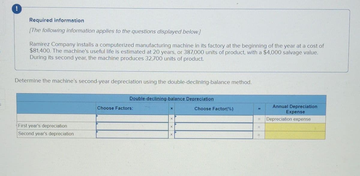 Required information
[The following information applies to the questions displayed below.]
Ramirez Company installs a computerized manufacturing machine in its factory at the beginning of the year at a cost of
$81,400. The machine's useful life is estimated at 20 years, or 387,000 units of product, with a $4,000 salvage value.
During its second year, the machine produces 32,700 units of product.
Determine the machine's second-year depreciation using the double-declining-balance method.
First year's depreciation
Second year's depreciation
Double-declining-balance Depreciation
Choose Factors:
X
X
X
Choose Factor (%)
11
Annual Depreciation
Expense
Depreciation expense