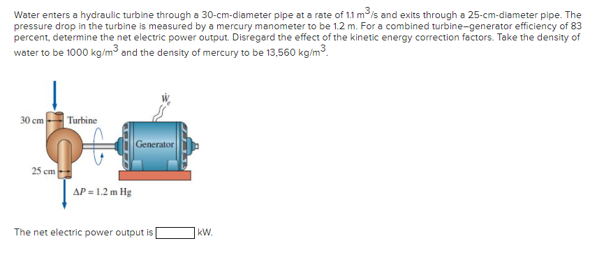 Water enters a hydraulic turbine through a 30-cm-diameter pipe at a rate of 1.1 m /s and exits through a 25-cm-diameter pipe. The
pressure drop in the turbine is measured by a mercury manometer to be 1.2 m. For a combined turbine-generator efficiency of 83
percent, determine the net electric power output. Disregard the effect of the kinetic energy correction factors. Take the density of
water to be 1000 kg/m3 and the density of mercury to be 13,560 kg/m3.
30 cm
Turbine
Generator
25 cm
AP = 1.2 m Hg
The net electric power output is
kW.
