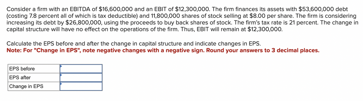 Consider a firm with an EBITDA of $16,600,000 and an EBIT of $12,300,000. The firm finances its assets with $53,600,000 debt
(costing 7.8 percent all of which is tax deductible) and 11,800,000 shares of stock selling at $8.00 per share. The firm is considering
increasing its debt by $26,800,000, using the proceeds to buy back shares of stock. The firm's tax rate is 21 percent. The change in
capital structure will have no effect on the operations of the firm. Thus, EBIT will remain at $12,300,000.
Calculate the EPS before and after the change in capital structure and indicate changes in EPS.
Note: For "Change in EPS", note negative changes with a negative sign. Round your answers to 3 decimal places.
EPS before
EPS after
Change in EPS