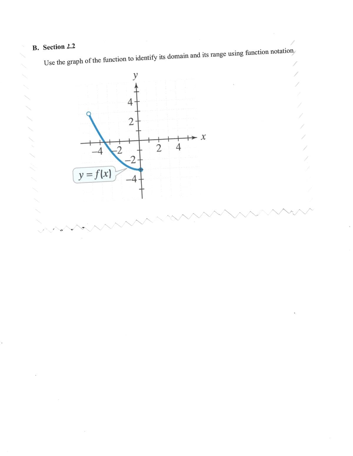 В. Section 2.2
Use the graph of the function to identify its domain and its range using function notation
y
2-
► X
4
-4 2
-2.
y = f(x)
-4
