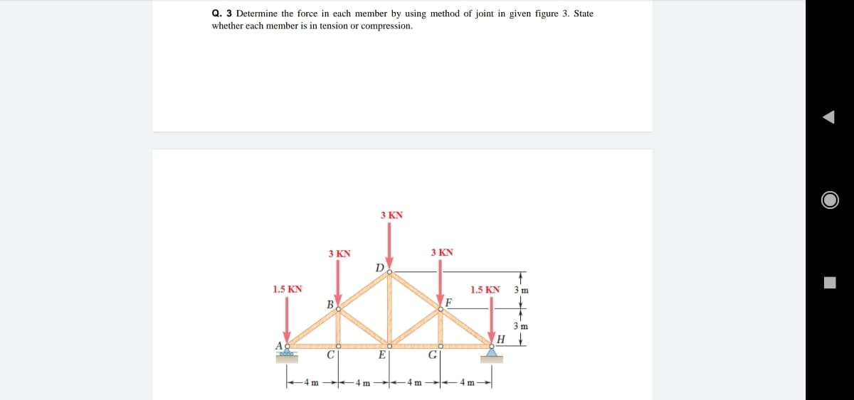 Q. 3 Determine the force in each member by using method of joint in given figure 3. State
whether each member is in tension or compression.
3 KN
3 KN
3 KN
D
1.5 KN
1.5 KN
3 m
B
3 m
H.
A
E
G
-4 m
4 m
4m
4 m
