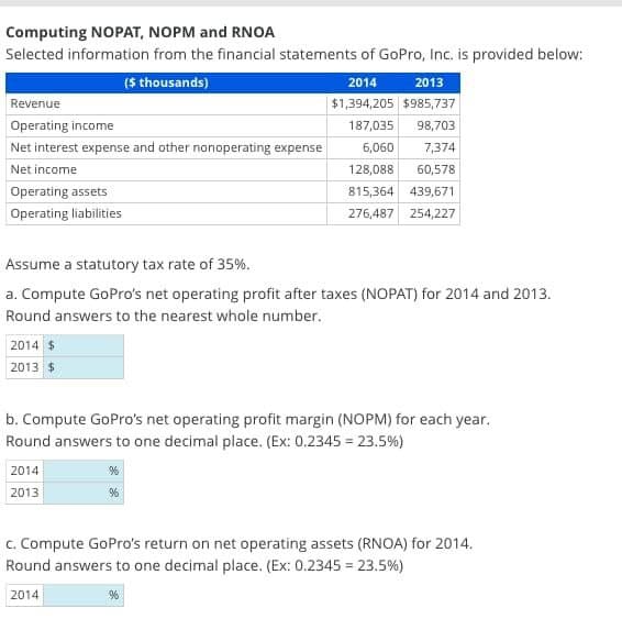 Computing NOPAT, NOPM and RNOA
Selected information from the financial statements of GoPro, Inc. is provided below:
($ thousands)
Revenue
Operating income
Net interest expense and other nonoperating expense
Net income
Operating assets
Operating liabilities
Assume a statutory tax rate of 35%.
a. Compute GoPro's net operating profit after taxes (NOPAT) for 2014 and 2013.
Round answers to the nearest whole number.
2014 $
2013 $
2014
2013
$1,394,205 $985,737
187,035
98,703
6,060
7,374
128,088
60,578
815,364 439,671
276,487 254,227
b. Compute GoPro's net operating profit margin (NOPM) for each year.
Round answers to one decimal place. (Ex: 0.2345 = 23.5%)
2014
2013
c. Compute GoPro's return on net operating assets (RNOA) for 2014.
Round answers to one decimal place. (Ex: 0.2345=23.5%)
2014