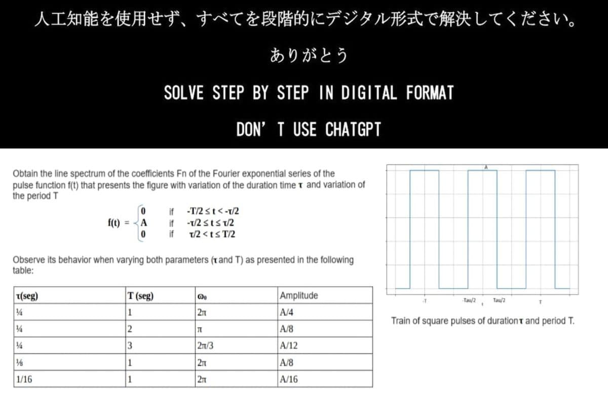 人工知能を使用せず、 すべてを段階的にデジタル形式で解決してください。
ありがとう
SOLVE STEP BY STEP IN DIGITAL FORMAT
DON'T USE CHATGPT
Obtain the line spectrum of the coefficients Fn of the Fourier exponential series of the
pulse function f(t) that presents the figure with variation of the duration time and variation of
the period T
0
f(t) = A
0
T(seg)
¼
14
½
1/
1/16
Observe its behavior when varying both parameters (1and T) as presented in the following
table:
if -T/2 ≤t <-T/2
if -1/2 st≤t/2
if T/2 <t≤T/2
T (seg)
1
2
3
1
1
00
27
T
21/3
2
2rt
Amplitude
A/4
A/8
A/12
A/8
A/16
Tau/2
Tau/2
Train of square pulses of duration and period T.