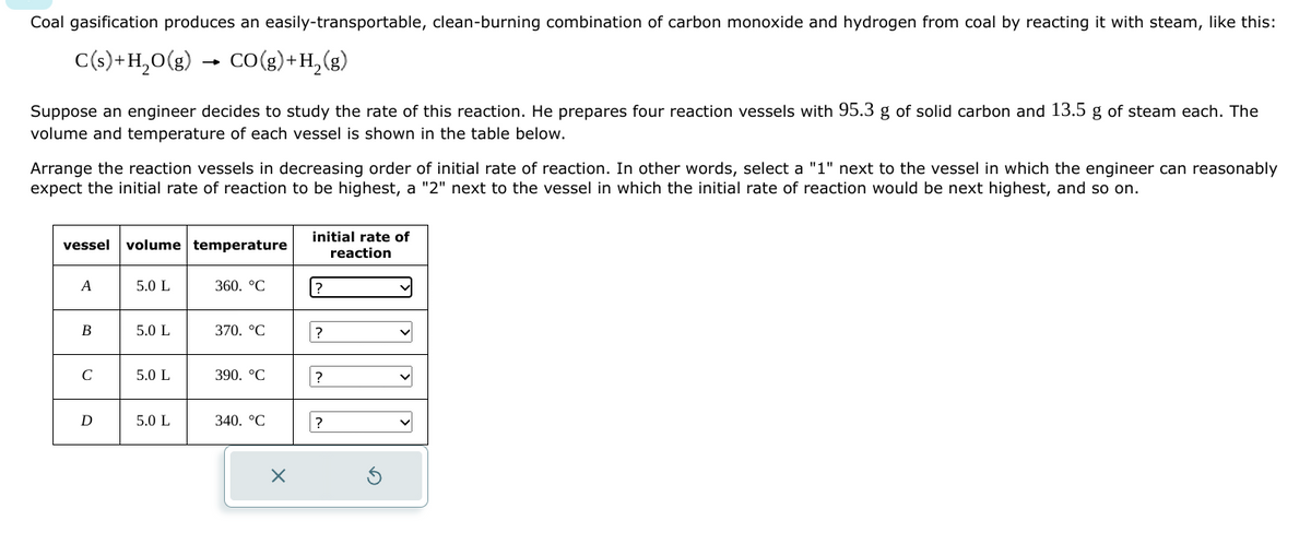 Coal gasification produces an easily-transportable, clean-burning combination of carbon monoxide and hydrogen from coal by reacting it with steam, like this:
C(s) + H₂O(g) → CO(g) + H₂(g)
- -
Suppose an engineer decides to study the rate of this reaction. He prepares four reaction vessels with 95.3 g of solid carbon and 13.5 g of steam each. The
volume and temperature of each vessel is shown in the table below.
Arrange the reaction vessels in decreasing order of initial rate of reaction. In other words, select a "1" next to the vessel in which the engineer can reasonably
expect the initial rate of reaction to be highest, a "2" next to the vessel in which the initial rate of reaction would be next highest, and so on.
vessel volume temperature
A
B
C
D
5.0 L
5.0 L
5.0 L
5.0 L
360. °C
370. °C
390. °C
340. °C
X
initial rate of
reaction
?
?
?
?
Ś