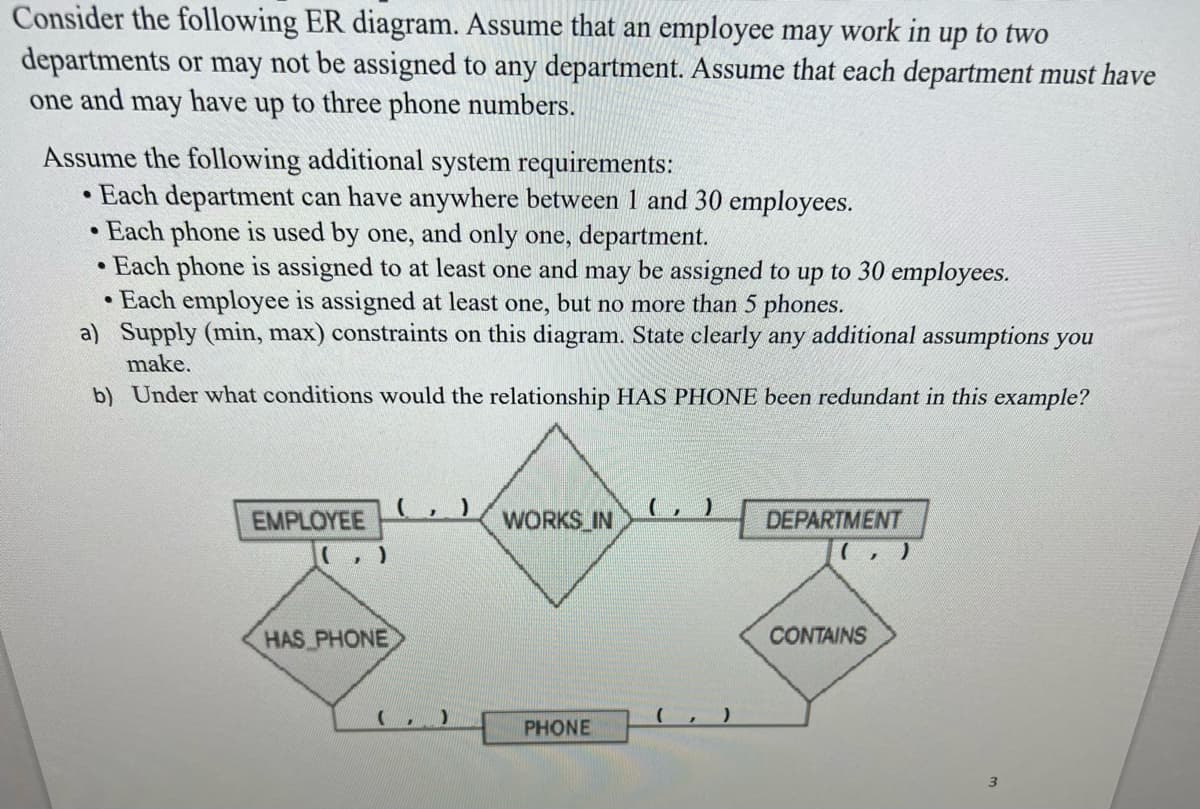 Consider the following ER diagram. Assume that an employee may work in up to two
departments or may not be assigned to any department. Assume that each department must have
one and may have up to three phone numbers.
Assume the following additional system requirements:
Each department can have anywhere between 1 and 30 employees.
Each phone is used by one, and only one, department.
Each phone is assigned to at least one and may be assigned to up to 30 employees.
●
●
●
• Each employee is assigned at least one, but no more than 5 phones.
a) Supply (min, max) constraints on this diagram. State clearly any additional assumptions you
make.
b) Under what conditions would the relationship HAS PHONE been redundant in this example?
EMPLOYEE
C )
J
HAS PHONE
(.
)
WORKS IN
PHONE
(
)
DEPARTMENT
(,)
CONTAINS