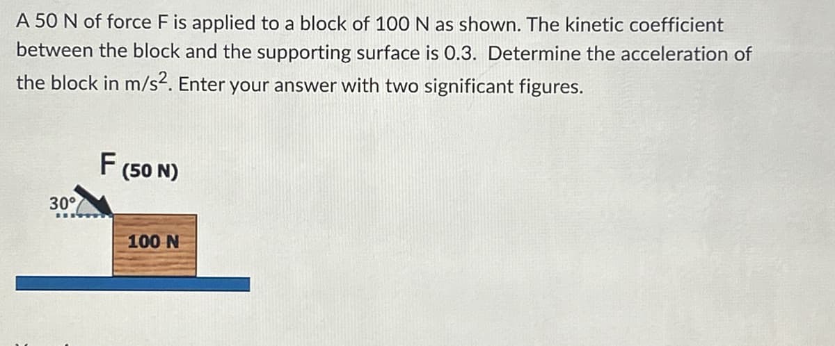 A 50 N of force F is applied to a block of 100 N as shown. The kinetic coefficient
between the block and the supporting surface is 0.3. Determine the acceleration of
the block in m/s². Enter your answer with two significant figures.
30°
F (50 N)
100 N