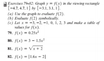 Exercises 79-82: Graph y = f(x) in the viewing rectangle
(-4,7,4.7, 1] by [-3.1, 3.1, 1).
(a) Use the graph to evaluate f(2).
(b) Evaluate f(2) symbolically.
(e) Let x = -3, -2, –1, 0, 1, 2, 3 and make a table of
values for f(x).
79. f(x) = 0.25x²
80. f(x) = 3 – 1.5x²
81. f(x) = Vx + 2
82. f(x) = |1.6x – 2|
%3D
