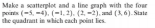 Make a scatterplot and a line graph with the four
points (-5, -4). (-1, 2). (2, –2), and (3, 6). State
the quadrant in which each point lies.
