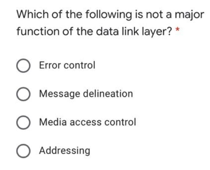 Which of the following is not a major
function of the data link layer? *
O Error control
Message delineation
Media access control
O Addressing
