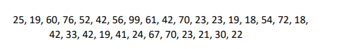 25, 19, 60, 76, 52, 42, 56, 99, 61, 42, 70, 23, 23, 19, 18, 54, 72, 18,
42, 33, 42, 19, 41, 24, 67, 70, 23, 21, 30, 22
