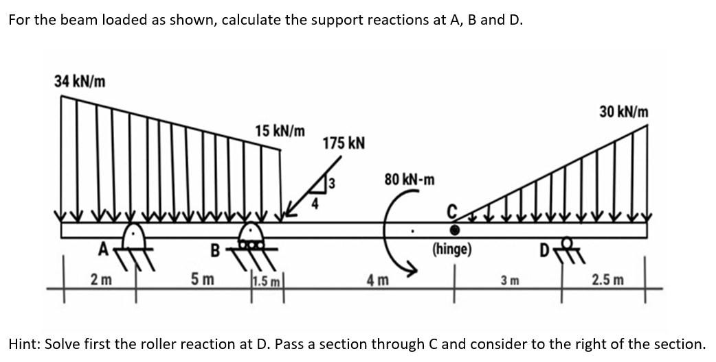 For the beam loaded as shown, calculate the support reactions at A, B and D.
34 kN/m
30 kN/m
15 kN/m
175 kN
80 kN-m
(hinge)
2 m
5 m
|1.5 m
4 m
3 m
2.5 m
Hint: Solve first the roller reaction at D. Pass a section through C and consider to the right of the section.
