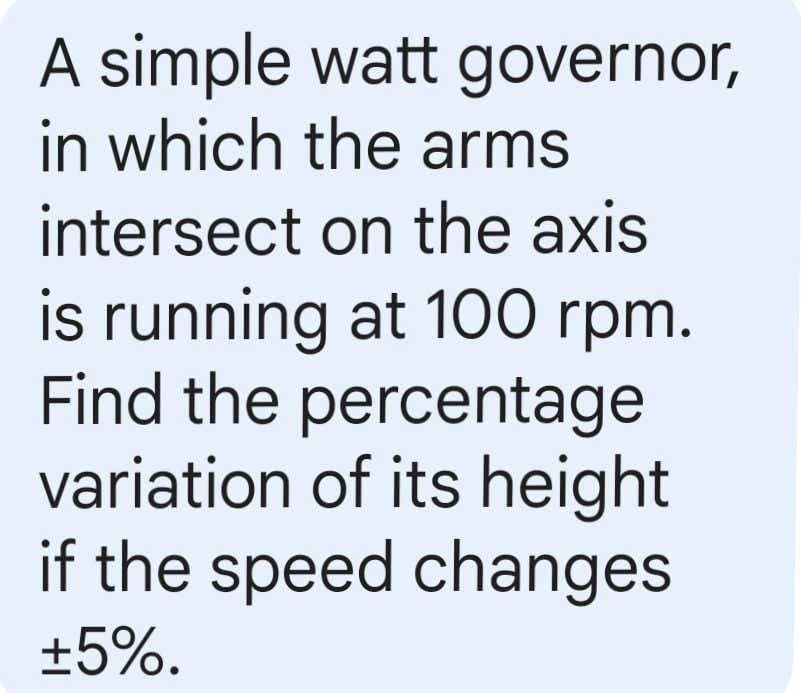 A simple watt governor,
in which the arms
intersect on the axis
is running at 100 rpm.
Find the percentage
variation of its height
if the speed changes
+5%.
