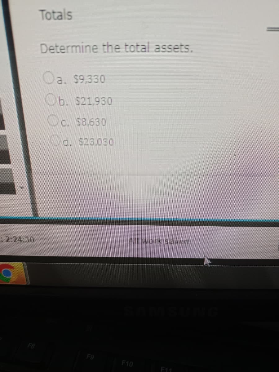 : 2:24:30
F8
Totals
Determine the total assets.
Oa. $9,330
Ob. $21,930
Oc. $8,630
Od. $23,030
F9
All work saved.
F10
F11