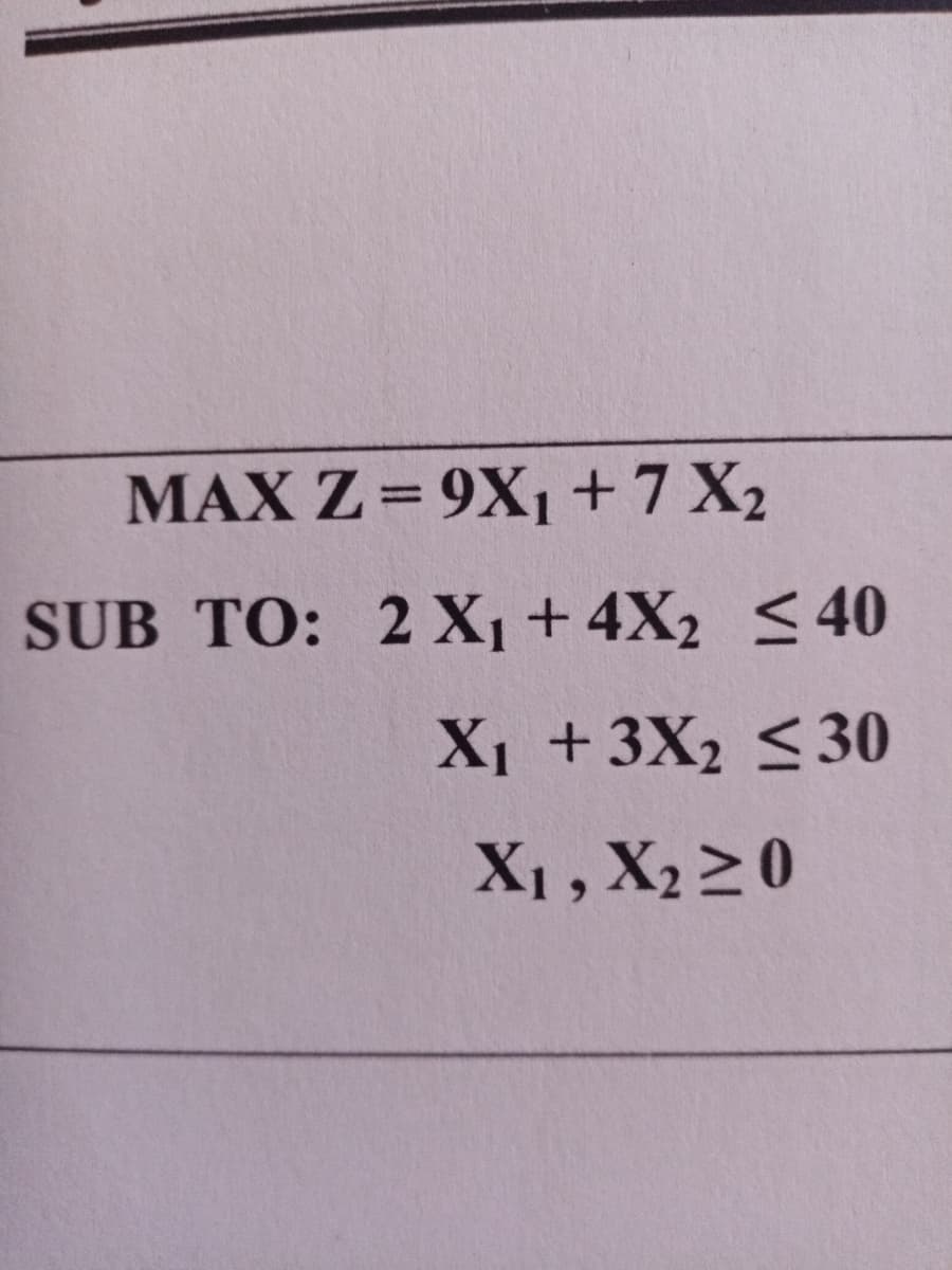 MAX Z = 9X1 +7 X2
SUB TO: 2 X¡+ 4X2 <40
X1 +3X2 <30
X1, X2 2 0
