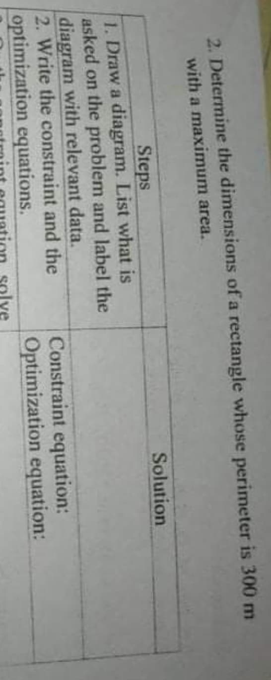 2. Determine the dimensions of a rectangle whose perimeter is 300 m
with a maximum area.
Steps
1. Draw a diagram. List what is
asked on the problem and label the
diagram with relevant data.
2. Write the constraint and the
optimization equations.
Solution
Constraint equation:
Optimization equation:
