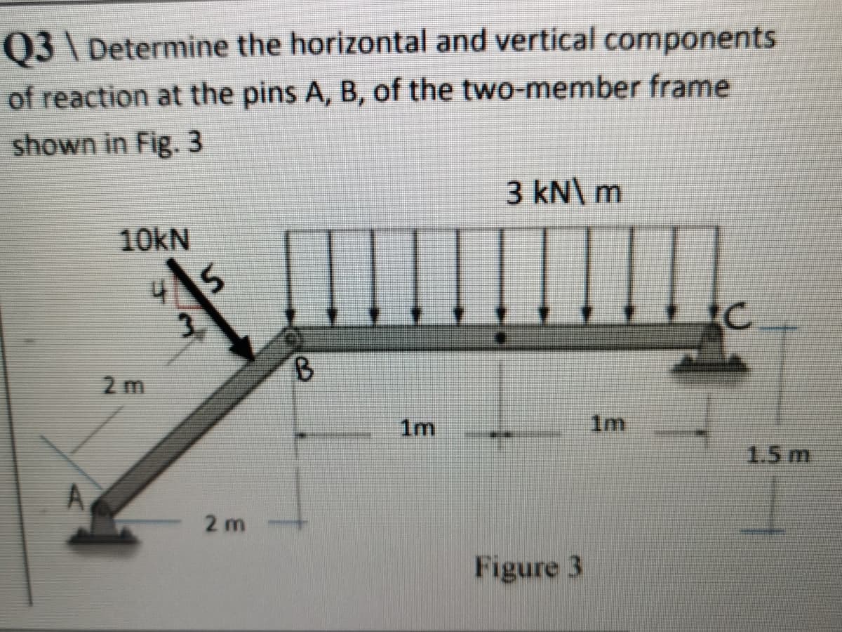 03 \ Determine the horizontal and vertical components
of reaction at the pins A, B, of the two-member frame
shown in Fig. 3
3 kN\ m
10KN
3.
B.
2 m
1m
1m
1.5 m
2 m
Figure 3
