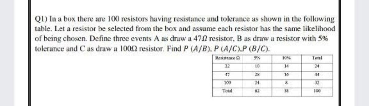 QI) In a box there are 100 resistors having resistance and tolerance as shown in the following
table. Let a resistor be selected from the box and assume each resistor has the same likelihood
of being chosen. Define three events A as draw a 472 resistor, B as draw a resistor with 5%
tolerance and C as draw a 1002 resistor. Find P (A/B), P (A/C).P (B/C).
Resistznce
10%
Total
22
10
14
24
47
28
16
44
100
24
32
Tatal
62
36
100
