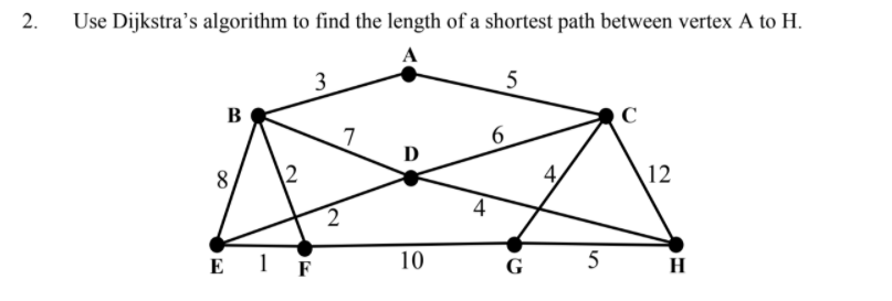 2.
Use Dijkstra's algorithm to find the length of a shortest path between vertex A to H.
3
B
D
8.
2
4
12
4
E 1 F
10
G
5
H
