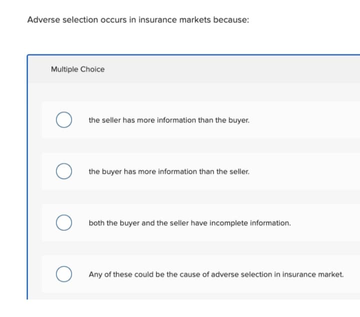 Adverse selection occurs in insurance markets because:
Multiple Choice
the seller has more information than the buyer.
the buyer has more information than the seller.
both the buyer and the seller have incomplete information.
Any of these could be the cause of adverse selection in insurance market.
