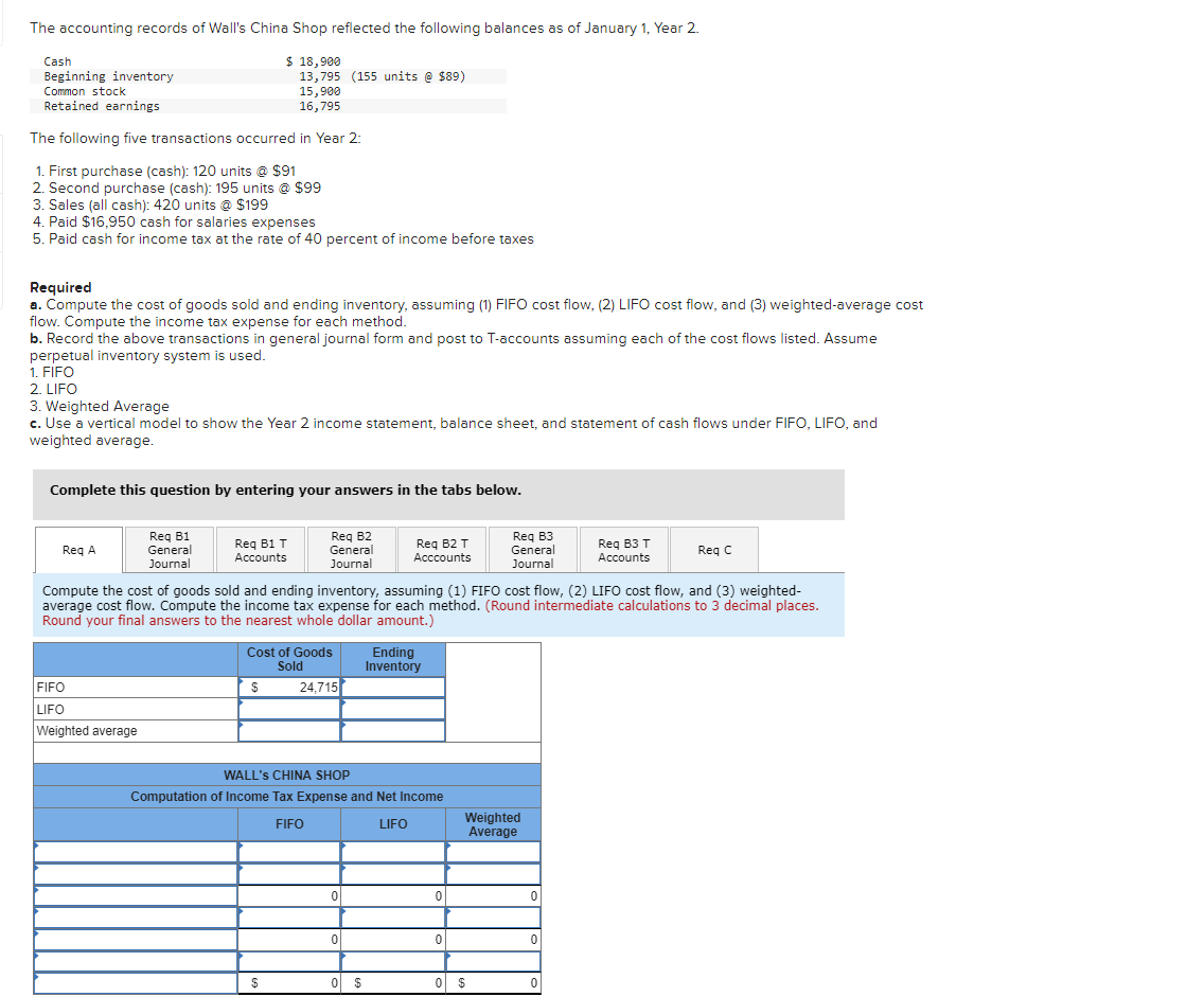 The accounting records of Wall's China Shop reflected the following balances as of January 1, Year 2.
Cash
Beginning inventory
Common stock
Retained earnings
The following five transactions occurred in Year 2:
1. First purchase (cash): 120 units @ $91
2. Second purchase (cash): 195 units @ $99
3. Sales (all cash): 420 units @ $199
4. Paid $16,950 cash for salaries expenses
5. Paid cash for income tax at the rate of 40 percent of income before taxes
Required
a. Compute the cost of goods sold and ending inventory, assuming (1) FIFO cost flow, (2) LIFO cost flow, and (3) weighted-average cost
flow. Compute the income tax expense for each method.
b. Record the above transactions in general journal form and post to T-accounts assuming each of the cost flows listed. Assume
perpetual inventory system is used.
1. FIFO
2. LIFO
3. Weighted Average
c. Use a vertical model to show the Year 2 income statement, balance sheet, and statement of cash flows under FIFO, LIFO, and
weighted average.
Complete this question by entering your answers in the tabs below.
Req A
$ 18,900
13,795 (155 units @ $89)
15,900
16,795
Req B1
General
Journal
FIFO
LIFO
Weighted average
Req B1 T
Accounts
$
Req B2
General
Journal
Cost of Goods
Sold
$
Compute the cost of goods sold and ending inventory, assuming (1) FIFO cost flow, (2) LIFO cost flow, and (3) weighted-
average cost flow. Compute the income tax expense for each method. (Round intermediate calculations to 3 decimal places.
Round your final answers to the nearest whole dollar amount.)
24,715
WALL'S CHINA SHOP
Computation of Income Tax Expense and Net Income
FIFO
LIFO
0
Req B2 T
Acccounts
0
0 $
Ending
Inventory
0
0
0
Req B3
General
Journal
Weighted
Average
$
0
0
Req B3 T
Accounts
0
Req C