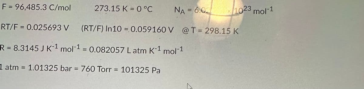 273.15 K = 0 °C NA = 6.02,
RT/F = 0.025693 V (RT/F) In10 = 0.059160 V @ T = 298.15 K
R = 8.3145 J K-1 mol-¹ = 0.082057 L atm K-1 mol-1
F = 96,485.3 C/mol
1 atm = 1.01325 bar = 760 Torr = 101325 Pa
1023 mol-1