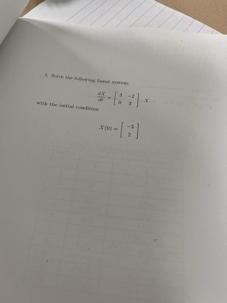 ## Solving a Linear System of Differential Equations

### Problem Statement

Solve the following linear system:

\[ \frac{dX}{dt} = \begin{bmatrix} 3 & -2 \\ 0 & 3 \end{bmatrix} X \]

with the initial condition:

\[ X(0) = \begin{bmatrix} -3 \\ 2 \end{bmatrix} \]

### Explanation

To solve this system, you need to:

1. **Find the general solution to the system of differential equations.**
2. **Apply the initial condition to determine the specific solution.**

#### Step 1: Finding the General Solution

For a system of the form:

\[ \frac{dX}{dt} = A X + B \]

where \(A\) is a matrix, and \(B\) is a vector (if \(B\) is zero, we are left with a homogeneous system), we typically start by finding the eigenvalues and eigenvectors of matrix \(A\).

#### Step 2: Applying the Initial Condition

Using the initial condition \(X(0) = \begin{bmatrix} -3 \\ 2 \end{bmatrix}\), solve for any constants in the general solution to find the particular solution that satisfies both the differential equation and the initial condition.

### Graphs/Diagrams

While this problem does not provide direct graphical representation, visualizing the eigenvalues and eigenvectors can be powerful in understanding the system's behavior. In particular, the trajectory of the solution in the phase plane can often be described by the paths dictated by these eigenvectors and corresponding eigenvalues. For a two-dimensional system like this, such trajectories often exhibit behaviors aligned to the eigenvectors.