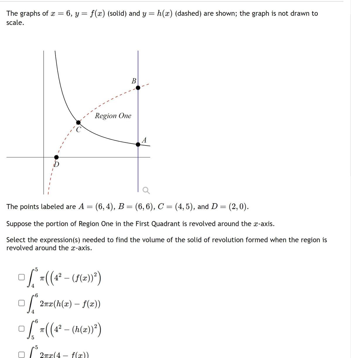 The graphs of x = 6, y = f(x) (solid) and y = h(x) (dashed) are shown; the graph is not drawn to
scale.
The points labeled are A
=
5
© L₁ =
S
4
6
D
(6,4), B = (6, 6), C = (4, 5), and D = (2,0).
Suppose the portion of Region One in the First Quadrant is revolved around the x-axis.
Select the expression (s) needed to find the volume of the solid of revolution formed when the region is
revolved around the x-axis.
6
- L₁ =
ㅠ
5
Region One
((4² − (ƒ(x))²)
2πx(h(x) — f(x))
-
B
((4² – (h(x))²)
2πx(4- f(x))
A