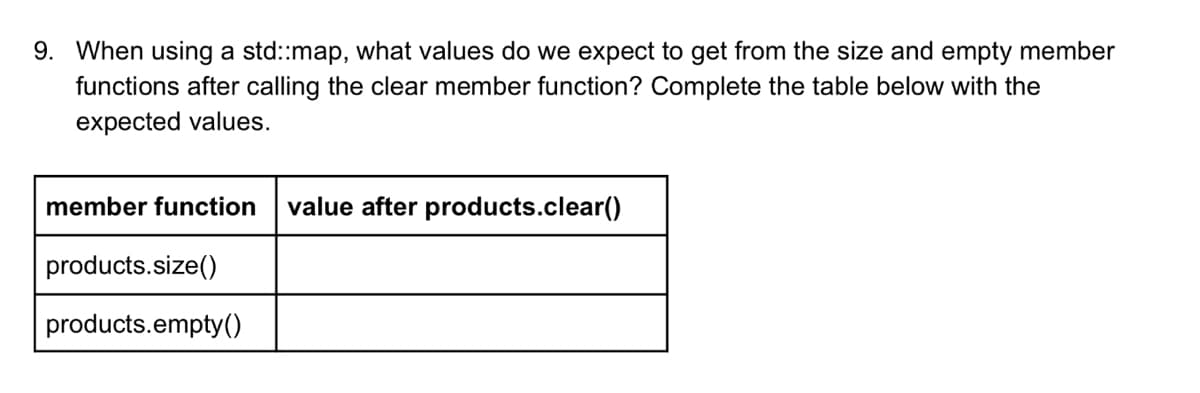 9. When using a std::map, what values do we expect to get from the size and empty member
functions after calling the clear member function? Complete the table below with the
expected values.
member function value after products.clear()
products.size()
products.empty()