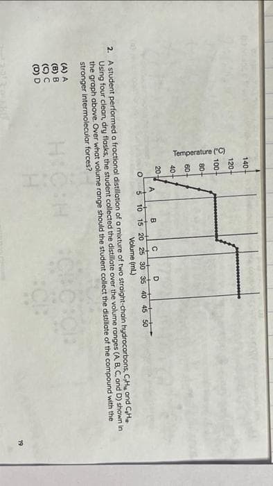 140-
(A) A
(B) B
(C) C
(D) D
Temperature (°C)
120+
100+
80+
60
40+
20-
O
A
B
с
5 10 15 20 25 30 35 40 45 50
Volume (mL)
2. A student performed a fractional distillation of a mixture of two straight-chain hydrocarbons, C,H, and C₂H
Using four clean, dry flasks, the student collected the distillate over the volume ranges (A, B, C, and D) shown in
the graph above. Over what volume range should the student collect the distillate of the compound with the
stronger intermolecular forces?
H:C:H
2013
#CCC
FCB