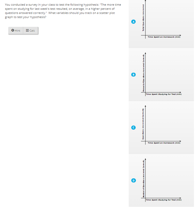 You conducted a survey in your class to test the following hypothesis: "The more time
spent on studying for last week's test resulted, on average, in a higher percent of
questions answered correctly." What variables should you track on a scatter plot
graph to test your hypothesis?
Hint
Calc
Time Spent on Homework (min)
Time Spent studying for Tost (min)
Time Spent on Homowork (min)
Time Spent 3tudying for Tost (min)
Ques tions Answered Co me otly
To ti Que stions Answered
p au oO pauas ượ s uons oO10 Ja qu nN
p au oo paiaa uy suo onoj o uoad
