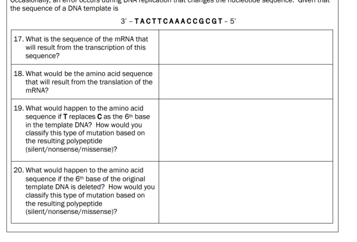 the sequence of a DNA template is
17. What is the sequence of the mRNA that
will result from the transcription of this
sequence?
18. What would be the amino acid sequence
that will result from the translation of the
mRNA?
19. What would happen to the amino acid
sequence if T replaces C as the 6th base
in the template DNA? How would you
classify this type of mutation based on
the resulting polypeptide
(silent/nonsense/missense)?
20. What would happen to the amino acid
sequence if the 6th base of the original
template DNA is deleted? How would you
classify this type of mutation based on
the resulting polypeptide
(silent/nonsense/missense)?
3'-TACTTCAAACCGCGT-5'